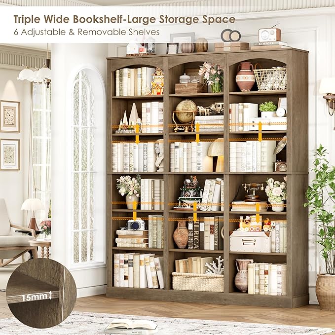 FACBOTALL 71" Triple Wide Bookshelf, 6 Tier Tall Bookshelf, Large Arched Bookcase with Curved Baffle, 63.4" Wide Book Shelf with 18 Open Display Shelves for Living Room, Study, Phoebe Zhennan