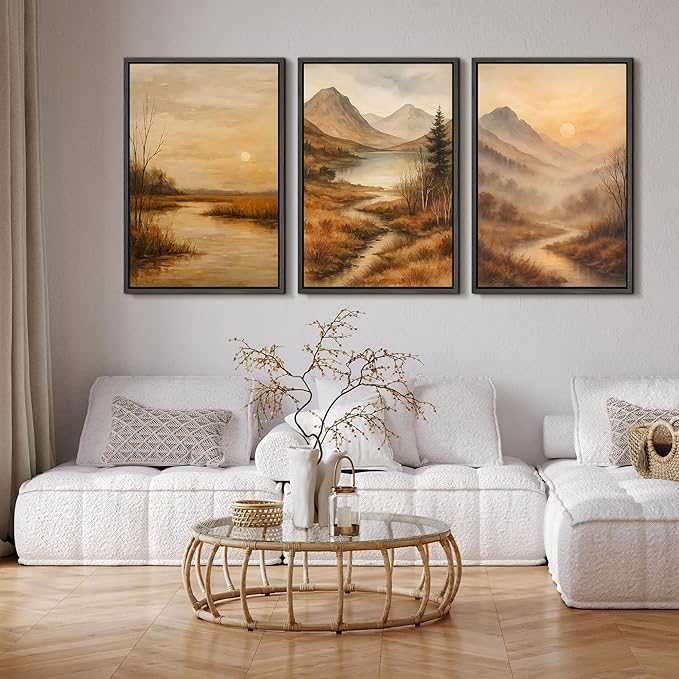 SIGNFORD Framed Wall Art Print Set Golden Hour Mountain River Serene Nature Landscape Digital Art Modern Art Contemporary for Living Room, Bedroom, Office - 16"x24"x3 Black