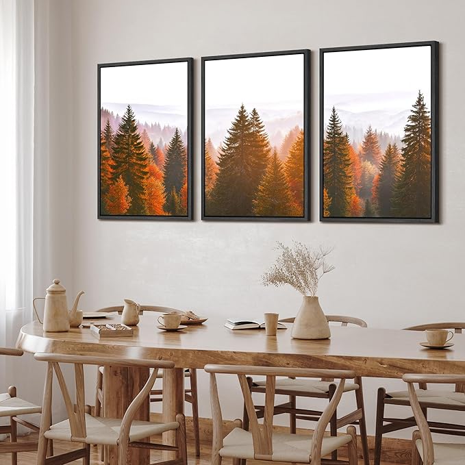 SIGNFORD Framed Wall Art Print Set Golden Autumn Forest Warm Sunrise Landscape Digital Art Modern Art Contemporary for Living Room, Bedroom, Office - 16"x24"x3 Black