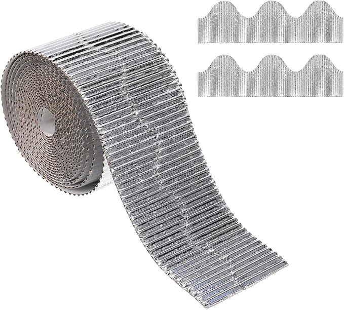 PATIKIL 3.9inch x 49.2ft Bulletin Board Border, Scalloped Trim Paper Corrugated Paper for Locker Classroom Decor Black White Cork Poster Boards, Silver