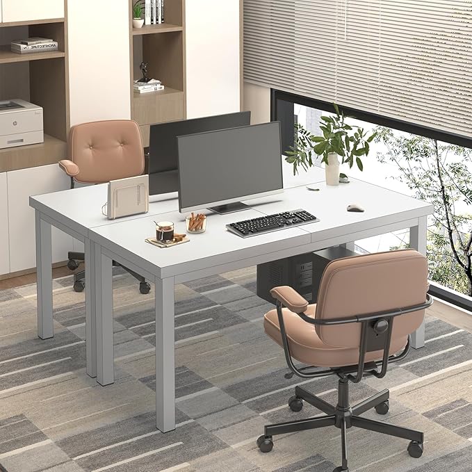 Modern 47 Inch Wood Computer Desk with Thick Desktop - Gaming, Writing Table for Home Office, Study, Work, Student & School Use, Simple Style, White