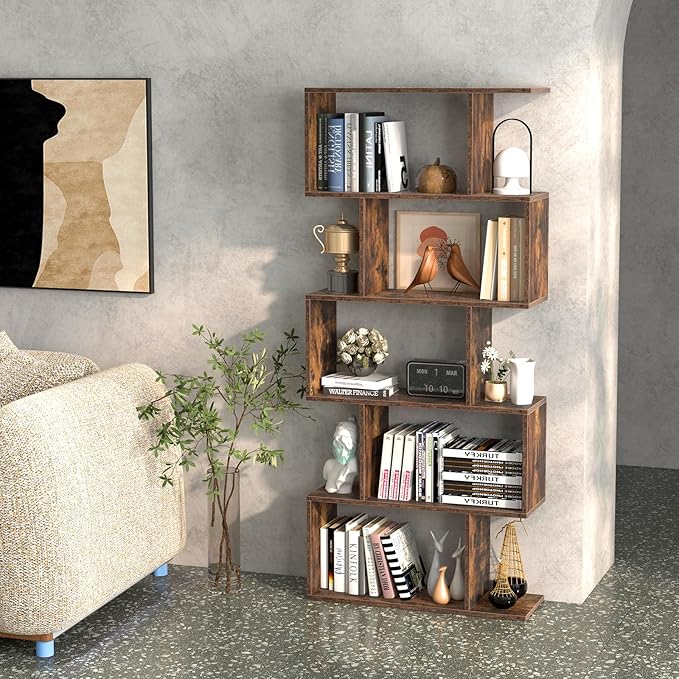 Tangkula 5-Tier Geometric Bookshelf, S Shaped Bookcase w/Anti-Toppling Device, Freestanding Room Divider, Industrial Wood Open Display Shelf for Living Room Home Office (2, Rustic Brown)