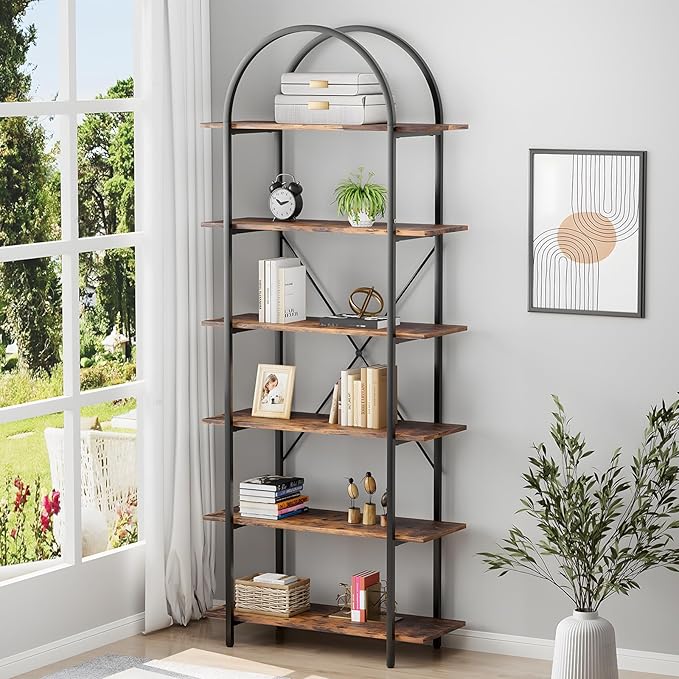 6 Tier Bookshelf, 83" Tall Arched Bookcase, Tall Book Shelf with Metal Frame, Industrial Display Standing Shelf for Living Room, Home Office, Bedroom, Brown