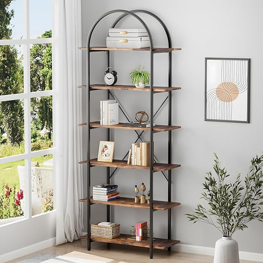 6 Tier Bookshelf, 83" Tall Arched Bookcase, Tall Book Shelf with Metal Frame, Industrial Display Standing Shelf for Living Room, Home Office, Bedroom, Brown