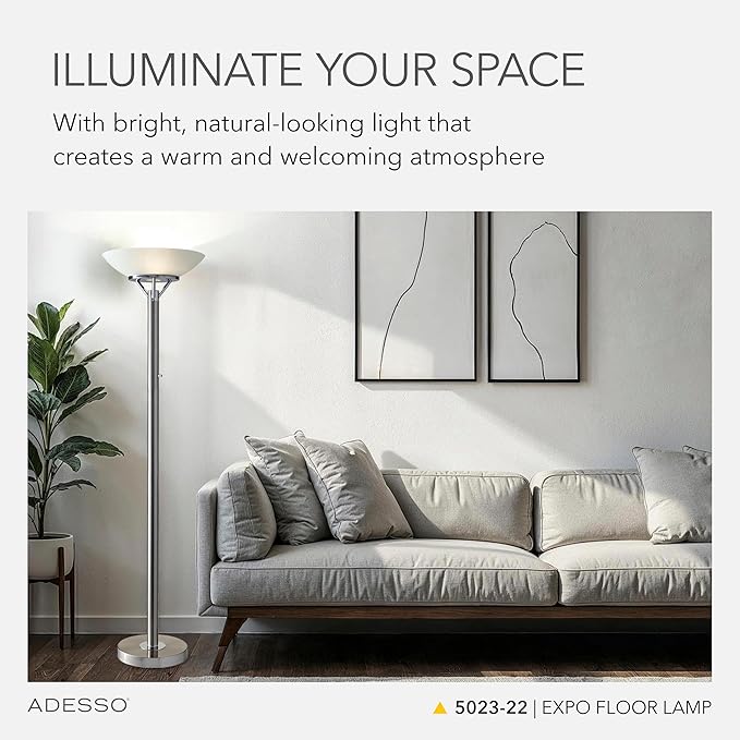 Adesso Floor Lamp with Brushed Steel and Chrome Finish - Perfect Lighting for Bedroom, Living Room and Corner Décor