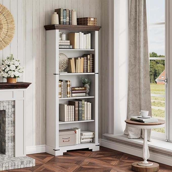 5-Tier Farmhouse Bookshelf, 61.1 inch Tall Bookcase with Storage & Unique Design & One Adjustable Shelf, Wooden Bookshelf for Study Room, Living Room, Home Office, Bedroom (White)
