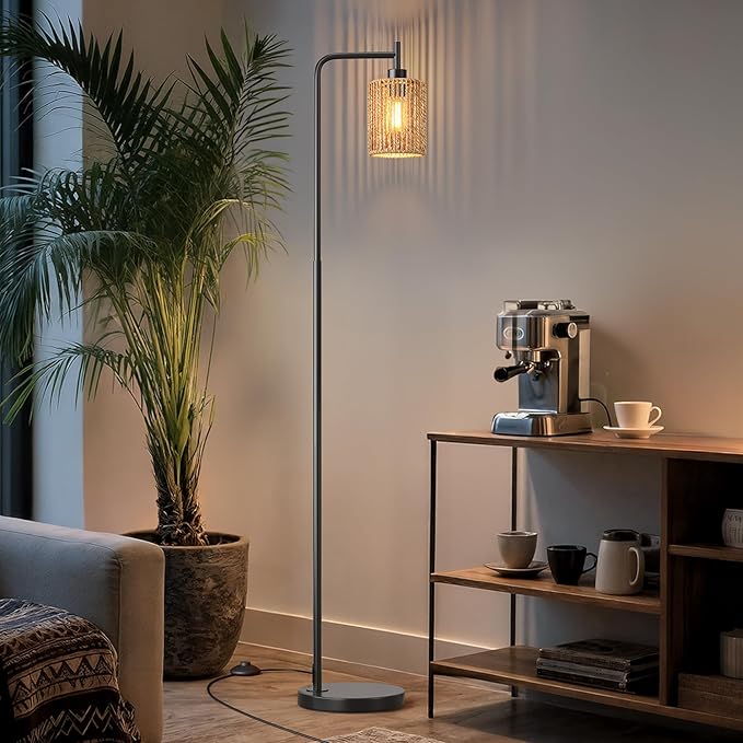 Oneach 66" Black Floor Lamp for Living Room, Boho Floor Lamp with Remote Control and LED Bulb, Rattan Shade, Industrial Tall Farmhouse Standing Lamp for Bedroom, Dining Room, Study Room, Office