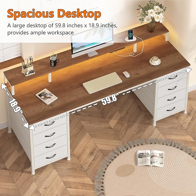 60 Inch Computer Desk with 8 Fabric Drawers, Gaming Desk with LED Lights & Power Outlets, Home Office Desk with Monitor Stand, Brown and White