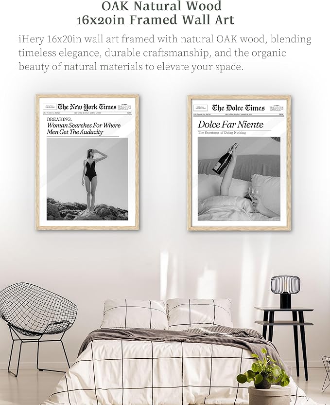 iHery Dolce Far Niente Framed Trendy NewsPaper Wall Art, Natural OAK Wood Large 16x20in Canvas Wall Art Bedroom,The Sweetness of Doing Nothing,La Dolce Vita Home Decor For Living Room Dorm 1Pack