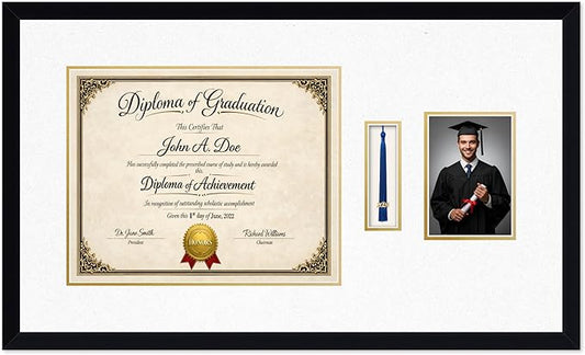 Diploma Tassel and Photo Frame Matte Black Shadowbox Oyster Shell Over Gold Mat - Fits 15 x 12 Degree Picture Made in the USA