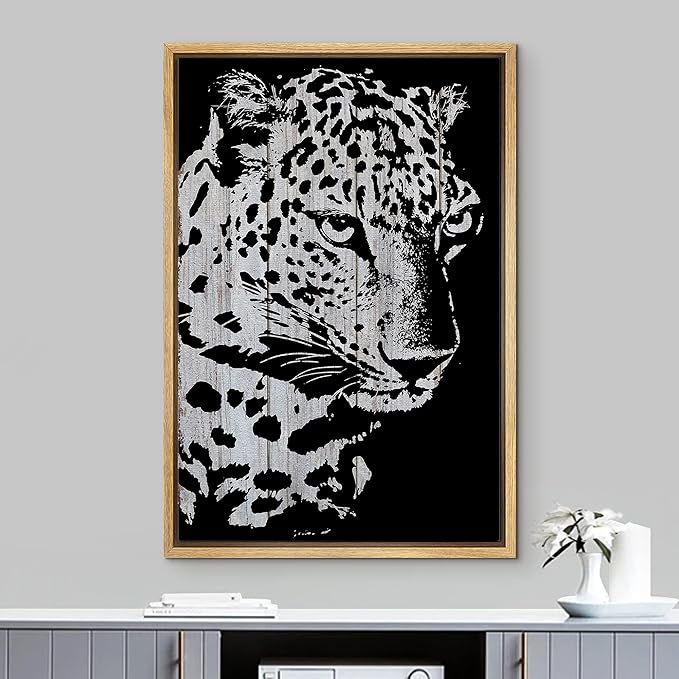 IDEA4WALL Framed Canvas Print Wall Art Grayscale Spotted Leopard on Wood Blocks Animals WildLife Illustrations Modern Art Tropical Portrait Dark for Living Room, Bedroom, Office - 24"x36" NATURAL