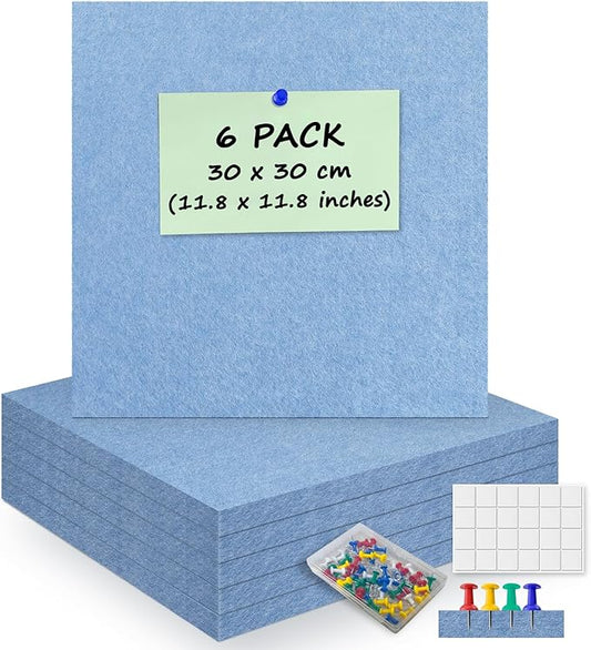 6 Pack Cork Board Felt Bulletin Board with 60 Push Pins, 1/2" Thick Pinboard Square Tiles for Wall Organizer - Home Office Classroom Decor, Photo Display, Memo Board (11.8"x11.8"- Sky Blue)
