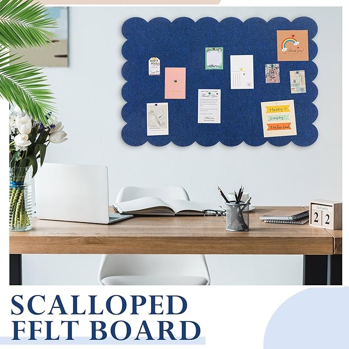 Scalloped Felt Bulletin Board 48 x 36 Inches Foldable Dark Blue Pin Cork Board Alternative for Wall, 4' x 3' Trifold Picture Vision Self Adhesive Bulletin Decorative