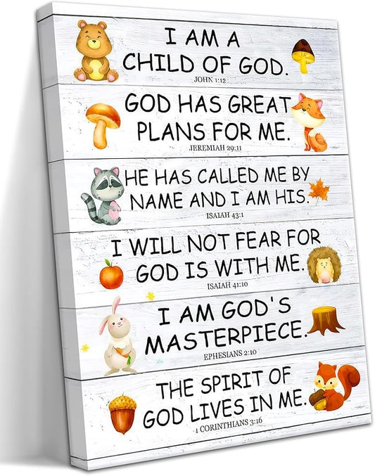 Scripture Canvas Wall Art for Kids Room – Christian I Am a Child of God Bible Verse Wall Decor, Framed Religious Picture Art Prints for Nursery, Classroom, Bedroom 12x16in