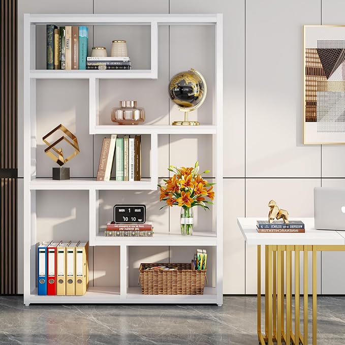 Tribesigns Way to Origin 6-Shelf Industrial Bookshelf Set of 2, Modern Etagere Bookcase, 69 Inch Tall Storage Display Staggered Shelves with Sturdy Metal Frame for Home Office, White