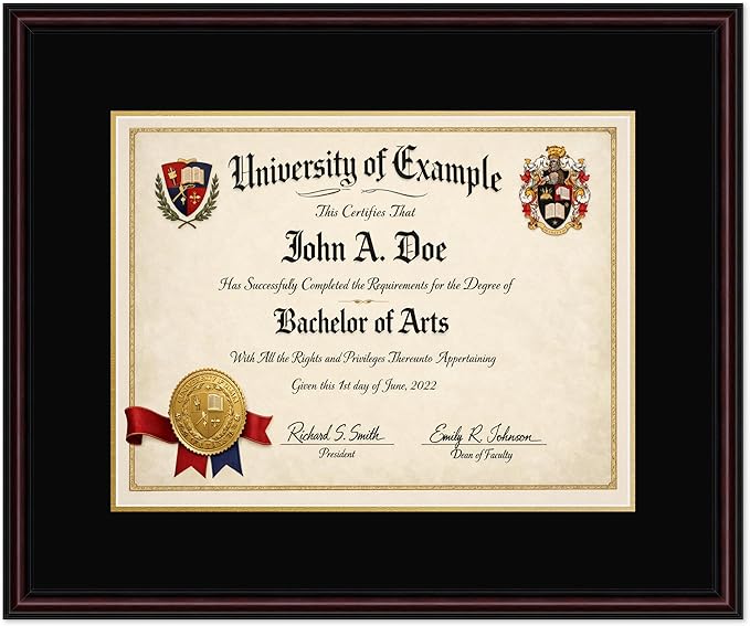 CountryArtHouse Diploma Frame Fits 17 x 13 International Diploma - Keepsake Graduation Display Executive Brown Genuine Hardwood with Black Over Metallic Gold Double mat