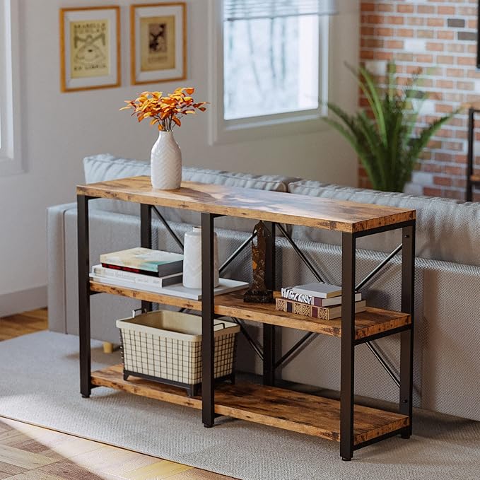 IRONCK Bookshelf Double Wide 47 in 3-Tier, Industrial Bookcases, Wood and Metal Bookshelves, Book Shelves for Home Office Decor Display