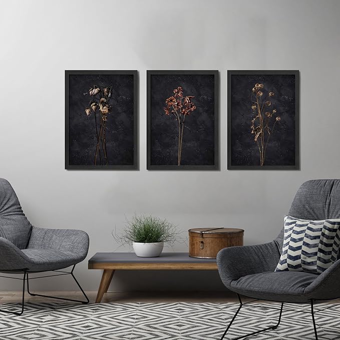 3 Piece Black Framed Dried Flower Wall Art Set Modern Minimalist Wall Decor For Living Room Bedroom Home Decoration Art Prints 16x24 Inches Wood Framed Easy to Hang
