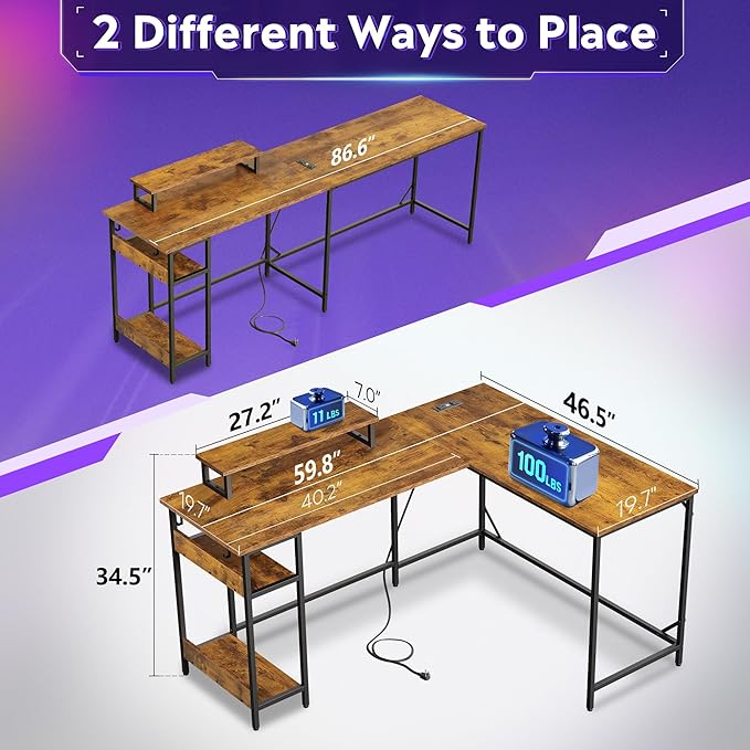DEVAISE 60 Inch L Shaped Gaming Desk with LED Lights & Power Outlets, Corner Desk for Small Spaces, Sturdy PC Computer Table with Storage for Home Office, Rustic Brown