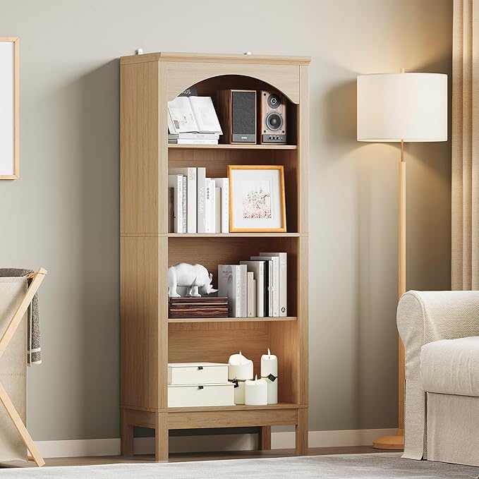 Arched Bookshelf with 4 Tier Open Shelves, 56" Tall Wood Bookcase with Adjustable Shelves, 24" Wide Floor Standing Display Storage Shelf for Home Office, Kitchen, Study and Living Room, Natural Oak