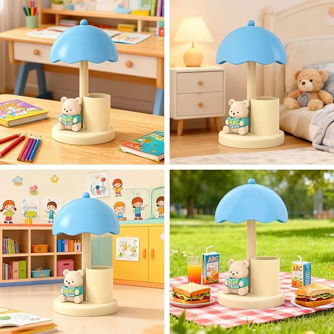 Cute Bear Desk Lamp with Pen Holder, 2-in-1 Kids Table Lamp Organizer, LED Bedside Lamp with USB Charging Port for Bedroom Study Room, 500 mAh, Rechargeable Lighting Decor for Boys Girls