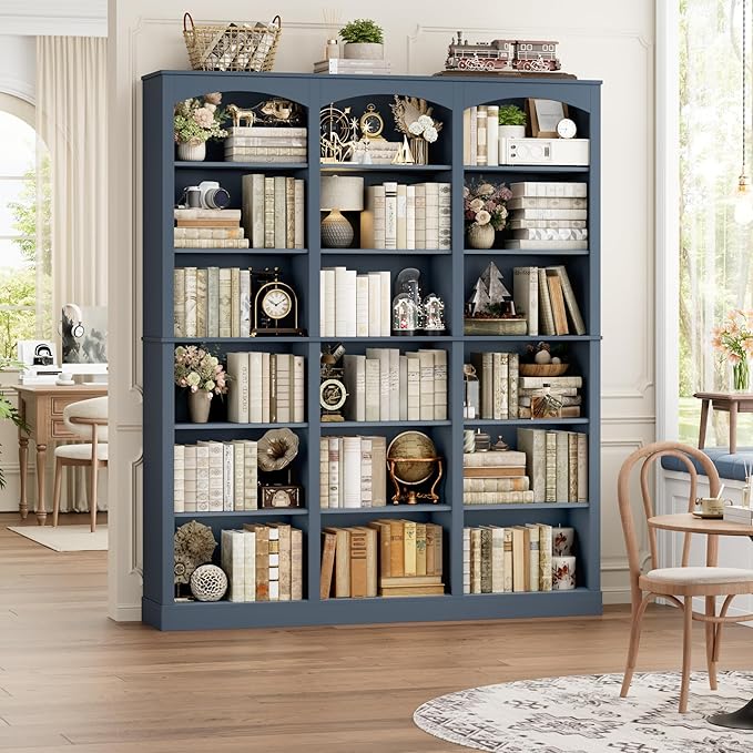 FACBOTALL 71" Triple Wide Bookshelf, 6 Tier Tall Bookshelf, Large Arched Bookcase with Curved Baffle, 63.4" Wide Book Shelf with 18 Open Display Shelves for Living Room, Study, Blue