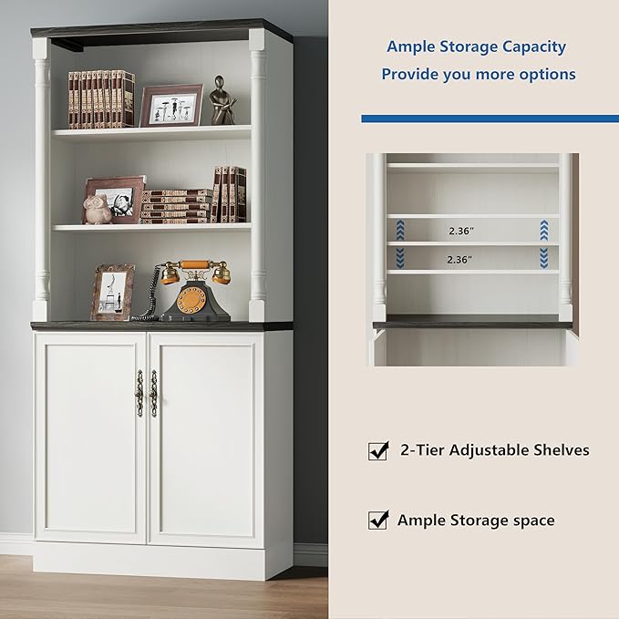 71'' Tall Bookshelf with Doors, Bookcase Storage Cabinets with 5-Tier & Adjustable Shelves, Wooden Deep Book Shelf Kitchen Pantry for Living Room, Office, Bathroom, Antique White