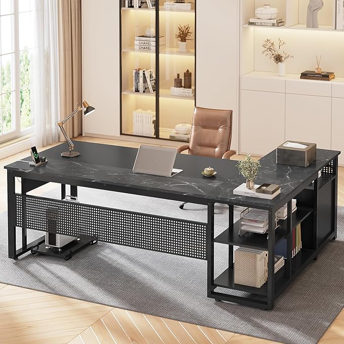 71 in Executive Desk with Power Outlets, Reversible L Shaped Desk with File Drawers & Storage Shelves, Large Office Desk Computer Desk with Pegboard, Mobile CPU Stand, Modern Corner Desk (Black)