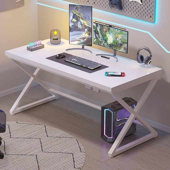 IBF White Computer Desk, Modern Home Office Desk for Writing Work Study, Simple Wooden Metal Pc Gaming Desk in Bedroom, Executive Laptop Workstation Computer Table, White Oak, 55 Inch