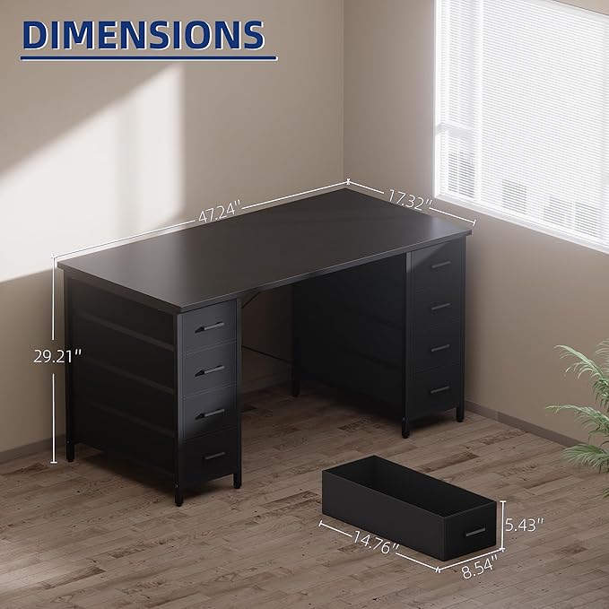 Pamray 47 Inch Computer Desk with 8 Fabric Drawers PC Gaming Desk Home Office Study Work Writing Table for Bedroom Orange