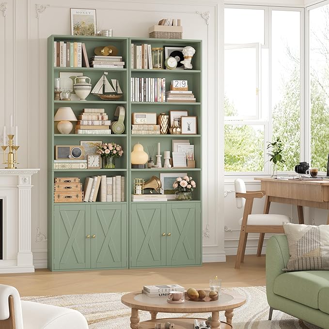 FACBOTALL 82" Tall Bookcase and Book Shelf, 24" Wide Bookshelf with Doors, 7 Tier Bookcase with Storage and Adjustable Shelf, Open and Display Farmhouse Bookshelf for Living Room, Home Office, Green