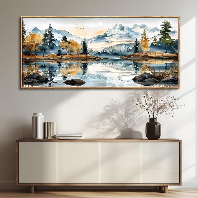 ERQINHUA Large Abstract Wall Art Living Room Wall Decor for Bedroom Office Decoration Watercolour Paint Tree Lakeside Landscapes Picture Canvas Artwork Home Decor Ready to Hang 32x72 In Wood Framed