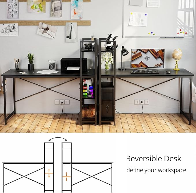 IRONCK Computer Desk 55" with Power Outlet and Storage Shelves, Study Writing Table with USB Ports Charging Station, PC Desk Workstation for Home Office, Black