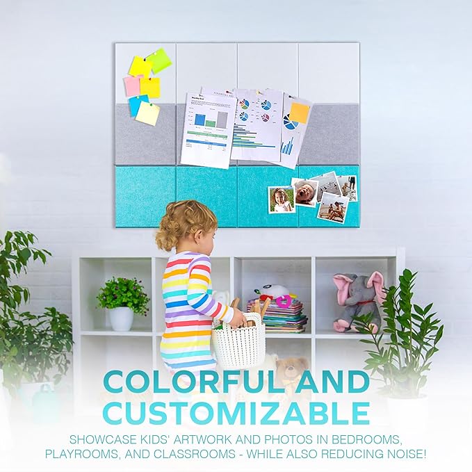 Bulletin Board 40x30in, 12 Count 9.8 x 9.8in Felt Wall Tiles with Removable Adhesive Tape, Cork Board Alternative for Walls, Wall Decor, Kids Art Display, Kids Room (Aqua Accent Collection)