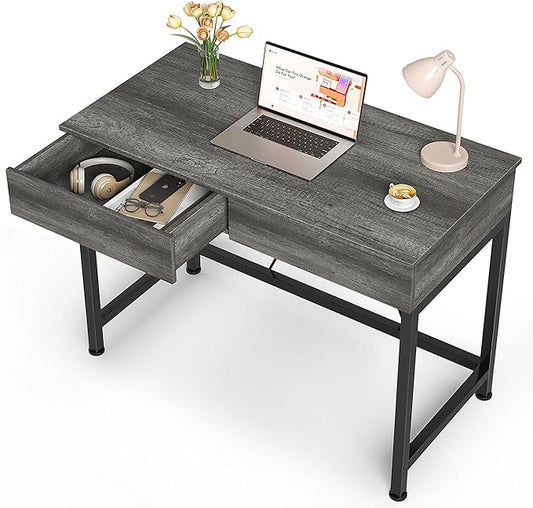Mexin Small Desk with 2 Wooden Drawers, 40 Inch Home Office Writing Desk, Vanity Desk with Storage, Computer Desk for Bedroom Small Spaces, Table for Office, Work, Kids Study, Makeup, Gray Oak