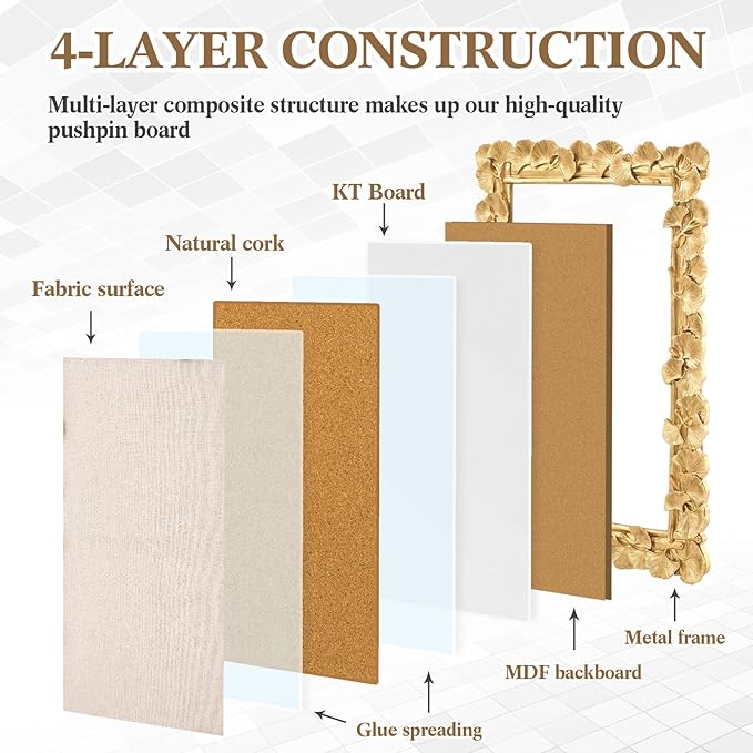 Vintage Framed Pin Board Linen Display Bulletin Board Large Cork Fabric Picture Photo Pinboard Memo Ornate Decorative Pinboard Ornate for Wall Gift(Ginkgo Leaf,30'' X 20'',Gold)