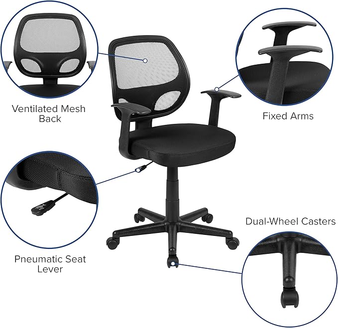 Flash Furniture Flash Fundamentals Mid-Back Black Mesh Swivel Ergonomic Task Office Chair with Arms