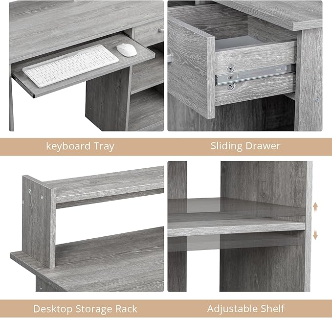 Karl home Computer Desk Study Writing Desk, Wooden Home Office Workstation PC Laptop Table with Drawer Shelf Keyboard Tray, Grey