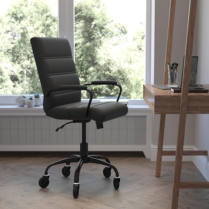 Flash Furniture Camilia Mid-Back Black LeatherSoft Executive Swivel Office Chair with Black Frame, Arms, and Transparent Roller Wheels