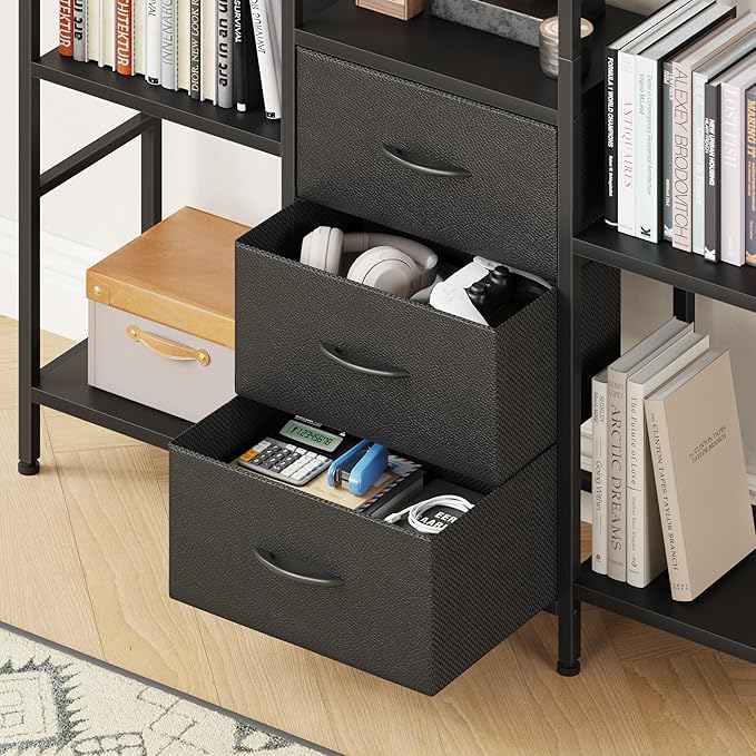 Triple Bookshelf with 3 Fabric Drawers, 4-Tier Book Shelf and 10 Display Shelves, Industrial Large Bookcase for Home & Office, Black, 47'' Wide