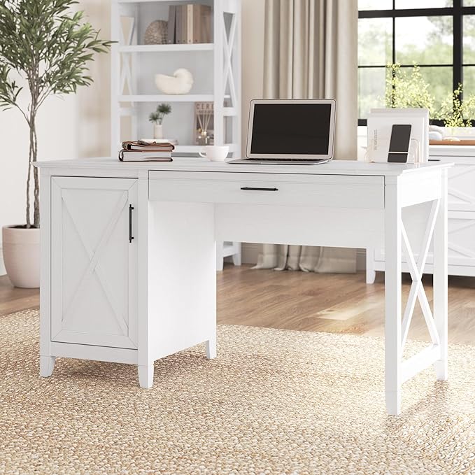 Bush Home Key West Computer Desk with Storage | Farmhouse PC Table for Home Office in Pure White Oak | 54W x 24D