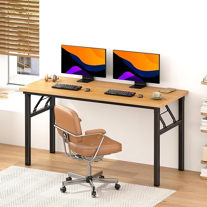 Need Office Computer Desk - 54.3L Sturdy and Heavy Duty Folding Laptop Table, Writing Table Home Office Desk, No Assembly Required Teak&Black