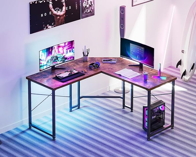 Casaottima 51 Inch L Shaped Gaming Desk, Corner Table Sturdy Workstation for Home Office, Writing, Gaming, Computer Desk for Small Space, Easy Assembly, Rustic Brown