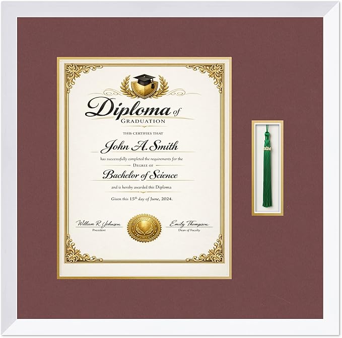 CountryArtHouse Diploma and Tassel Frame Fits 11 x 14 College Diploma (Portrait) with Tassel Bright White Genuine Hardwood Shadowbox with Dark Red Over Metallic Gold Double mat