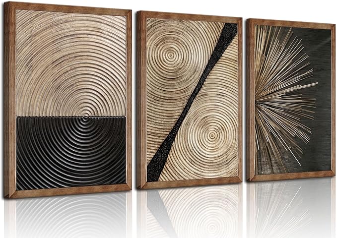3Pcs Retro Wood grain Abstract Canvas Wall Art Minimalist Black Golden Line Texture Wall Decor Pictures Neutral Geometric Beige Brown Poster Prints for Living Room Bedroom Home Decoration 16x24in