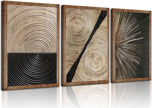 3Pcs Retro Wood grain Abstract Canvas Wall Art Minimalist Black Golden Line Texture Wall Decor Pictures Neutral Geometric Beige Brown Poster Prints for Living Room Bedroom Home Decoration 16x24in