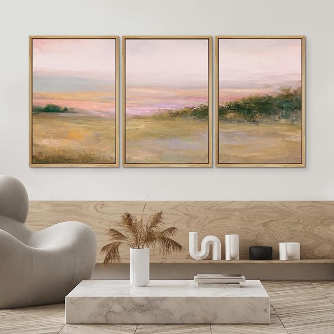 SIGNWIN Framed Canvas Print Wall Art Set Blush Sunset Over Meadow Illustrations Decorative Relax/Calm Zen for Living Room, Bedroom, Office - 24"x36"x3 NATURAL