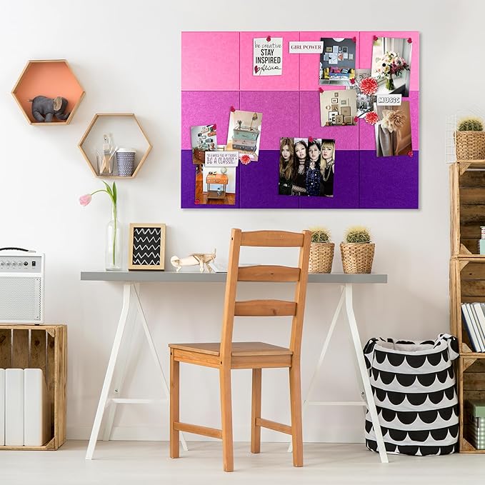 Bulletin Board 40x30in, 12 Count 9.8 x 9.8in Felt Wall Tiles with Removable Adhesive Tape, Cork Board Alternative for Walls, Wall Decor, Kids Art Display, Kids Room (Magenta Ombre Collection)