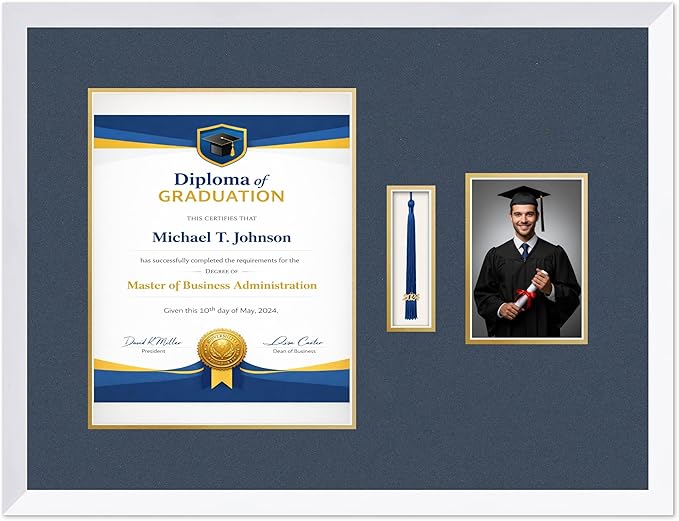 Diploma Tassel and Photo Frame Bright White Shadowbox Navy Blue Over Gold Mat - Fits 11 x 14 Degree Picture Made in the USA