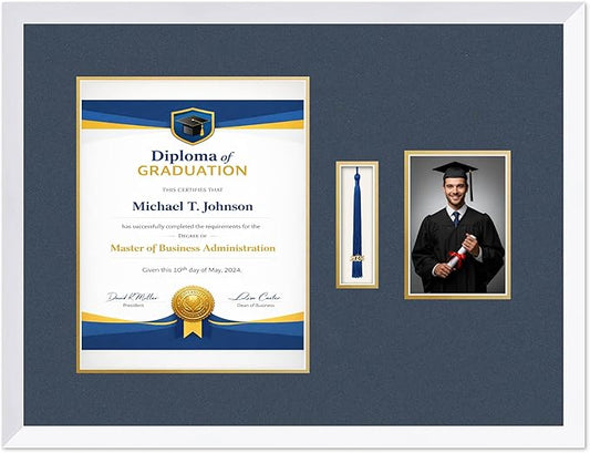 Diploma Tassel and Photo Frame Bright White Shadowbox Navy Blue Over Gold Mat - Fits 11 x 14 Degree Picture Made in the USA